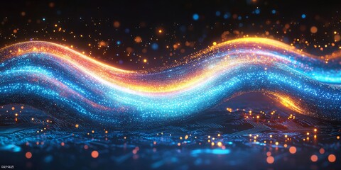 Poster - Abstract Energy Flow Vibrant Waves of Light and Golden Particles in a Dynamic Digital Space