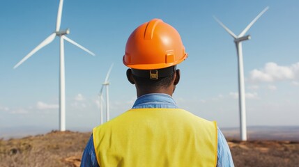 Wall Mural - A worker in an orange hard hat and safety vest observes wind turbines against a clear blue sky, symbolizing renewable energy and sustainability.