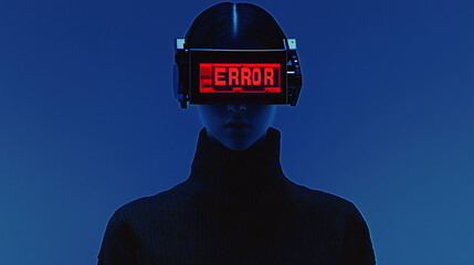 Poster - Digital Error: A mysterious figure wears a futuristic headset displaying the word 