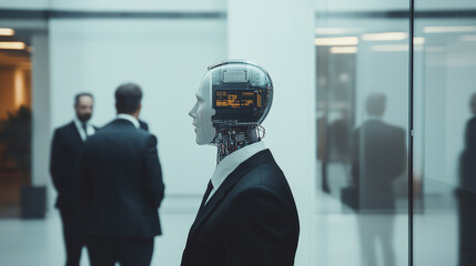 Poster - Artificial Intelligence in Business: A sleek, humanoid robot dressed in a business suit stands amongst a group of professionals.