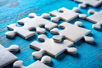 Wall Mural - Completed White Jigsaw Puzzle on Blue Background - Stock Photo