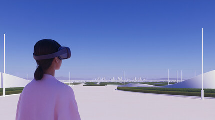 Poster - Immersive Reality: A person wearing a VR headset looks toward the future in a virtual landscape, experiencing the cutting-edge blend of technology and imagination.