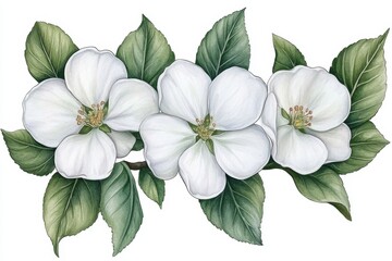Wall Mural - Watercolor white apple blossom flowers with green leaves, vector illustration, isolated on the background