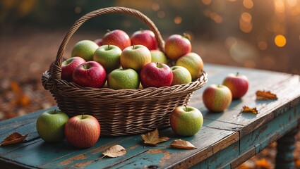 Poster - colorful assortment of apples in a woven basket placed on a rustic table during autumn in a serene o
