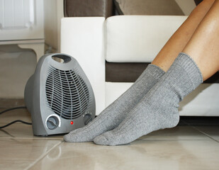 Electric heater on carpet in living room. Home heating. Warm air.