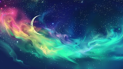 Poster - A crescent moon hangs in a swirling, colorful nebula in a starry night sky.
