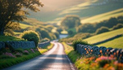Wall Mural - winding country road through lush green hills at sunset, evoking a tranquil atmosphere in nature