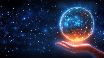 Poster - A glowing sphere of data is held in a digital hand