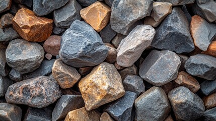 Aufkleber - A diverse assortment of river stones lies scattered, featuring a blend of colors such as gray, brown, and orange. The soft light of the afternoon highlights their various textures and shapes