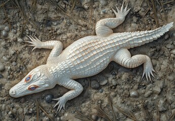 Poster - Stunning White Alligator Resting on Ground Surrounded by Natural Environment with Textured Skin and Unique Features in Vibrant Detail