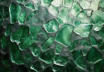 Poster - Textured Background of Irregular Shards of Green Glass with Reflections and Natural Light Poured in for Artistic and Decorative Purposes