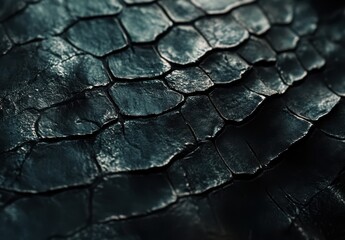 Poster - Textured close-up of dark reptilian skin showcasing intricate scales and patterns, emphasizing the natural beauty and complexity of wildlife materials