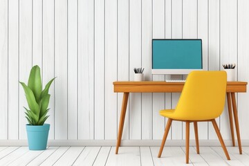Poster - a 2D cartoon illustration of a home office with a desk, computer, and chair, modern and organized, white background
