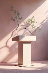 Poster - minimalist podium with green branch in serene interior space during daylight hours
