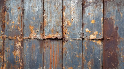 Poster - Weathered metal panels display an array of rust and texture, highlighting the beauty of decay. This industrial backdrop features rich tones of blue, orange, and brown under natural light