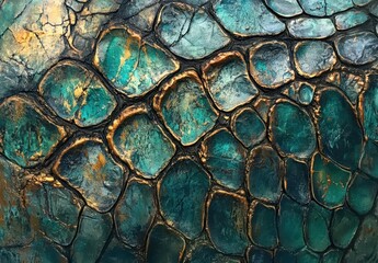 Poster - Textured surface of ancient turquoise stones with intricate patterns and golden veins creating a beautiful natural art piece for background and design use