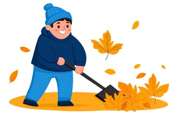 Wall Mural - a 2D cartoon illustration of a person raking leaves in the front yard, neat and organized, white background