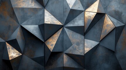 Wall Mural - abstract geometric wall featuring triangles of varying metallic hues