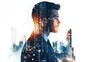 © Chandlerlikes - A businessman, clad in a sharp modern suit, is caught in a double exposure, his face superimposed onto a futuristic cityscape, symbolizing his ambition and connection to the global business scene.