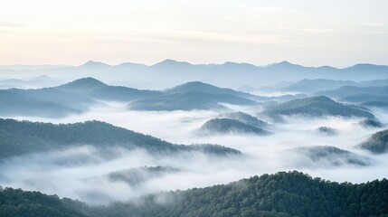 Wall Mural - thick fog rolling over a mountain ridge, partially obscuring the rugged peaks. layers of mist create