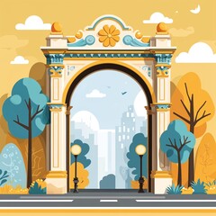 Poster - decorative street arch on plain yellow background childish style illustration