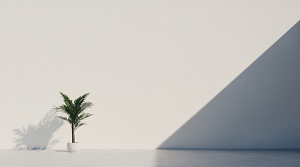 Poster - Minimalist Plant Composition: A small potted plant casts an intriguing shadow against a backdrop of simple geometric shapes and clean lines, evoking a sense of tranquility.