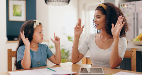 Aufkleber - Mother, child and high five for education in home with success, support or achievement at dining table. Family, girl and parent with happiness and celebration for academic victory, or learning growth