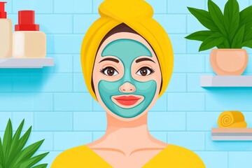 Poster - a 2D cartoon illustration of a woman having a spa day with a face mask, relaxing and rejuvenating, white background