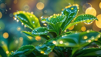 Poster - Morning dew glistens on leaves in a serene garden setting with warm bokeh background