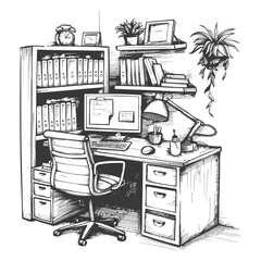 Poster - hand drawn sketch of a home office desk with computer bookshelf and office supplies