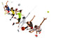 © master1305 - Multi-sport action collage featuring fencing, volleyball, tennis, handball, and basketball players jumping. Capturing movement and emotion of sports competition. Concept of dedication and effort.