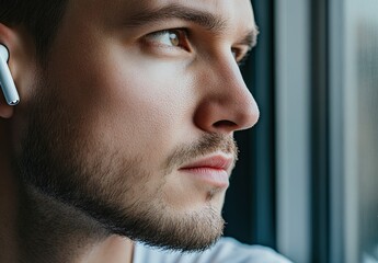 Wall Mural - Close-up of an ear with wireless earbuds, a man in an office close-up, a macro shot. Stock photo contest winner, professional photography, 