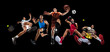 © master1305 - High-energy sports composition featuring basketball, boxing, soccer, and tennis athletes jumping in motion. Strong contrast on black background. Concept of power, skill, and athletic achievement.