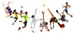 © master1305 - Collage of professional athletes competing in badminton, fencing, soccer, and basketball. Intense movement frozen in motion on white background. Concept of competition, teamwork, and determination.