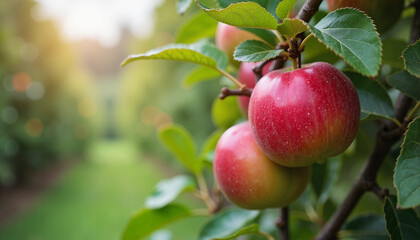 Ripe apples on a tree branch, feeling fresh, in an orchard setting during late summer