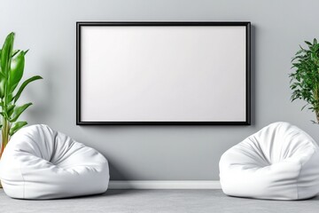 Poster - A black frame mockup hanging on the wall of an empty living room with two beanbag chairs and white furniture. Minimalistic interior design photography, hyper-realistic