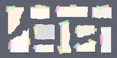Poster - Collection of ripped paper sheets with sticky tape. Torn notebook page elements fixed adhesive tape. Perfect for scrapbooking, reminders, creative Design, collages