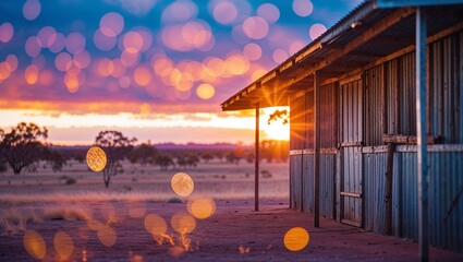 Poster - stunning sunset illuminates rustic shed in the australian outback with vibrant colors and unique bok