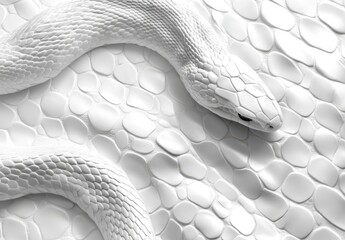 Poster - White snake gracefully curves across a textured white surface with a smooth, pebble-like appearance, showcasing intricate details and contrast in the design.