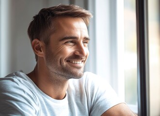 Wall Mural - Close-up portrait of a handsome, smiling man with short hair and a beard, looking to the side with a window in the background. 