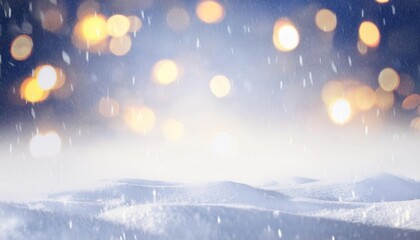 Aufkleber - soft snowfall with golden bokeh lights and icy winter landscape, festive holiday background with magical atmosphere

