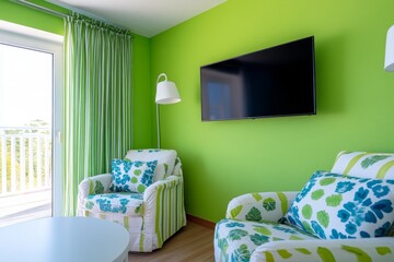 Poster - A bright living room with light green walls, a white ceiling, and a wooden floor, featuring two sofas in the center, with an LED TV hanging on one wall. The sofas have different styles. There