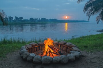 Wall Mural - Serene sunset by the river with a cozy campfire surrounded by stones and lush greenery