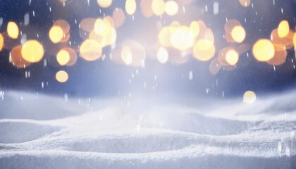 Poster - soft snowfall with golden bokeh lights and icy winter landscape, festive holiday background with magical atmosphere

