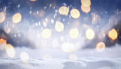 Poster - soft snowfall with golden bokeh lights and icy winter landscape, festive holiday background with magical atmosphere

