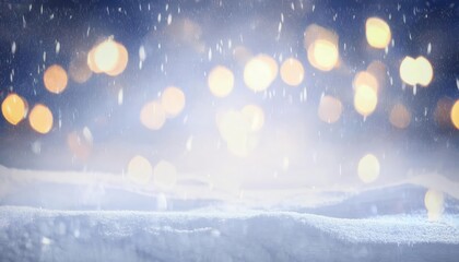 Poster - soft snowfall with golden bokeh lights and icy winter landscape, festive holiday background with magical atmosphere

