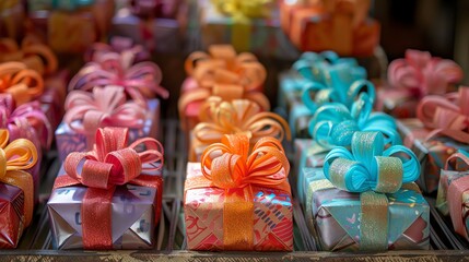 Wall Mural - a collection of wrapped gifts with colorful bows.