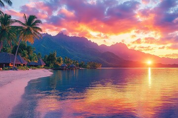 Wall Mural - Serene sunset over a tropical beach with palm trees, mountains in the background, and calm waters