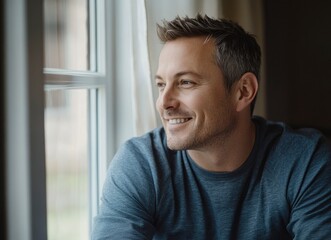 Wall Mural - Close-up portrait of a handsome, smiling man with short hair and a beard, looking to the side with a window in the background. 