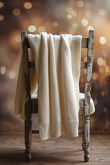 Poster - soft cream blanket draped over a rustic wooden chair with warm bokeh background highlighting cozy at